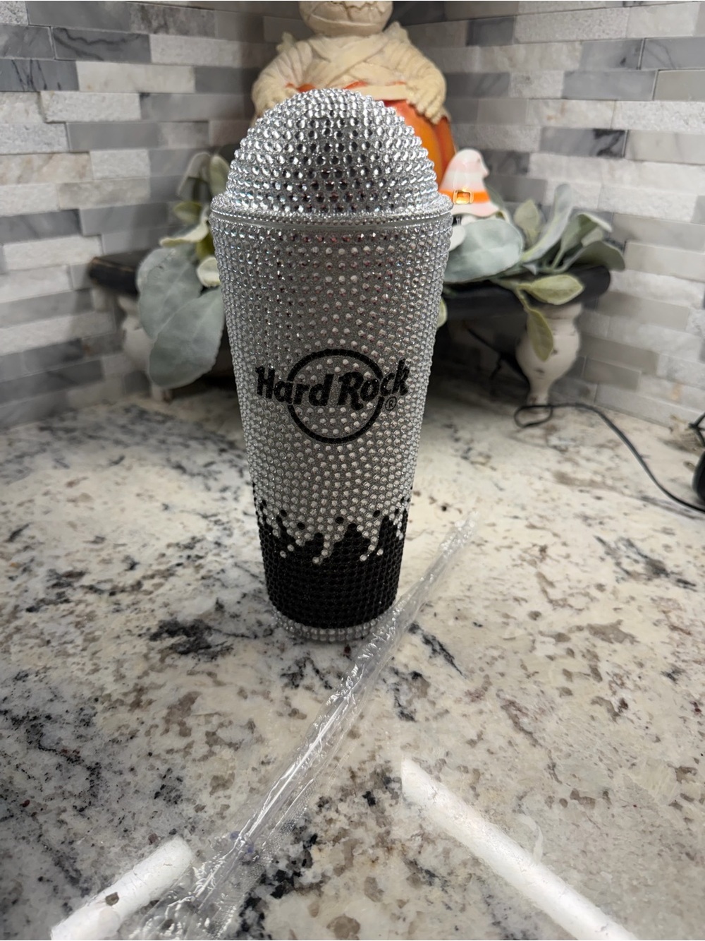 Hard Rock Cafe Silver & Black Rhinestone Tumbler Accent